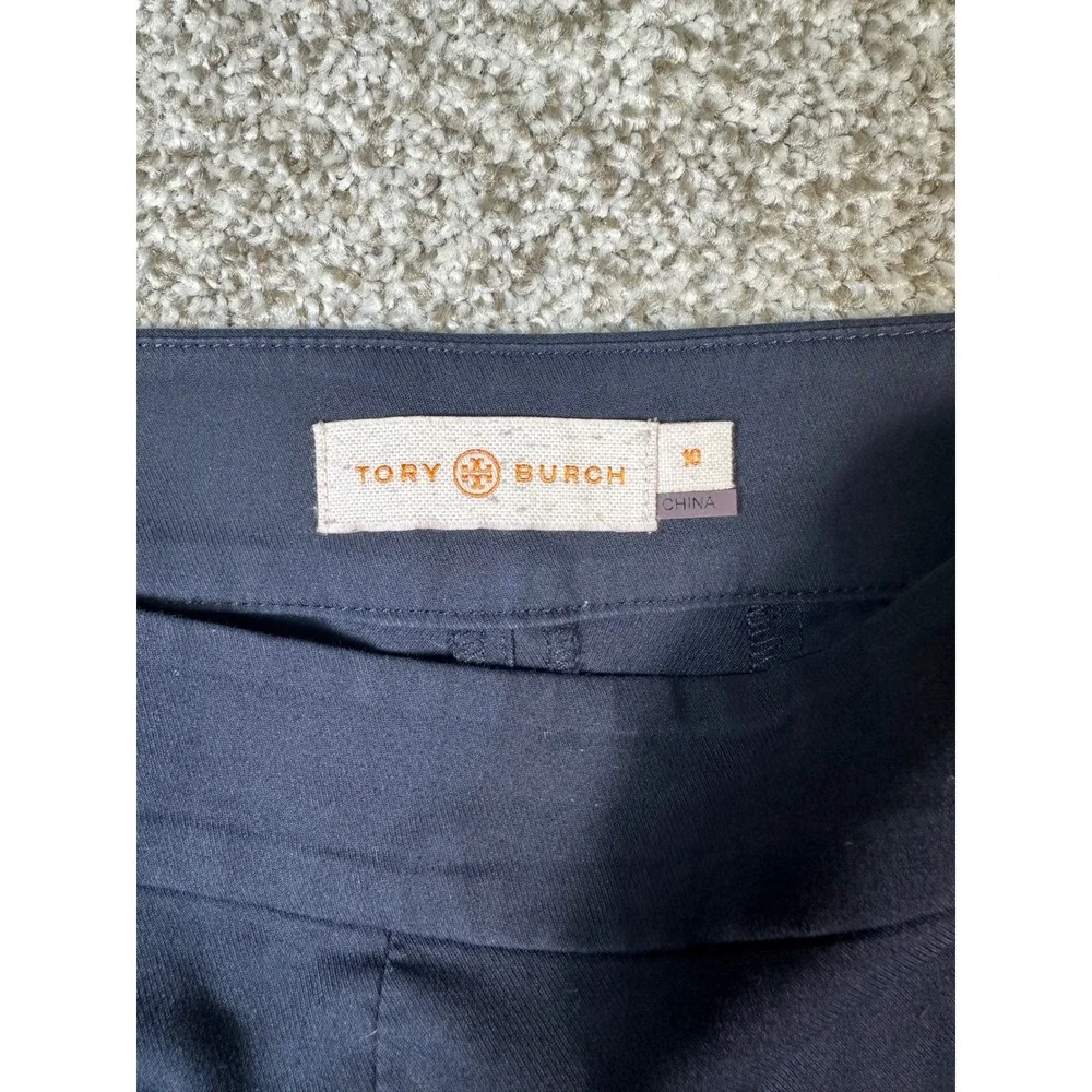 Tory Burch Navy Blue Side Zip Tailored Trousers Pants Size 10 Gold Logo